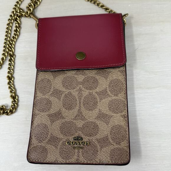 Coach Phone Crossbody Chain Strap Logo Canvas North South Pouch Red Accent - Picture 2 of 10